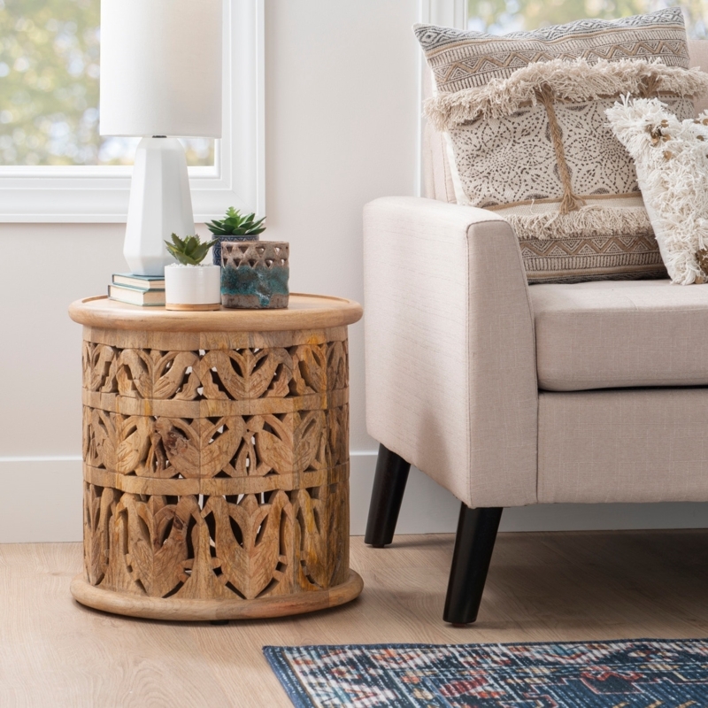 End Table Round Wood Top With Woven Cord Drum Base Natural Boho