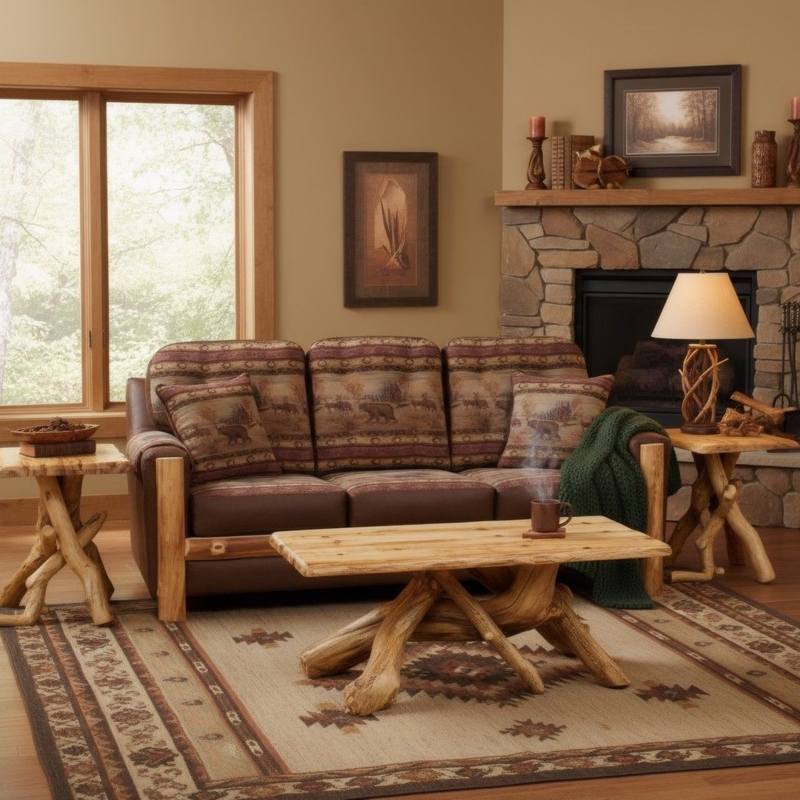 End Table: Rustic Aspen Log Live Edge Branch Legs Cabin Style