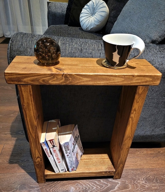 End Table Rustic Dark Stained Slim Side Table for Sofa Minimalist Wood