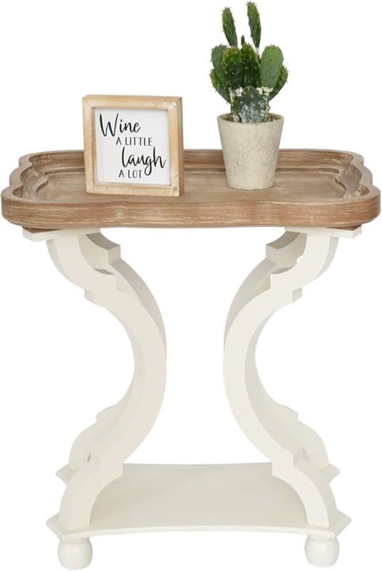 End Table Rustic Farmhouse Round Tray Top Distressed Carved Legs