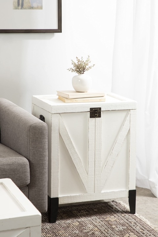 End Table Rustic Farmhouse White Finish with Sliding Barn Door