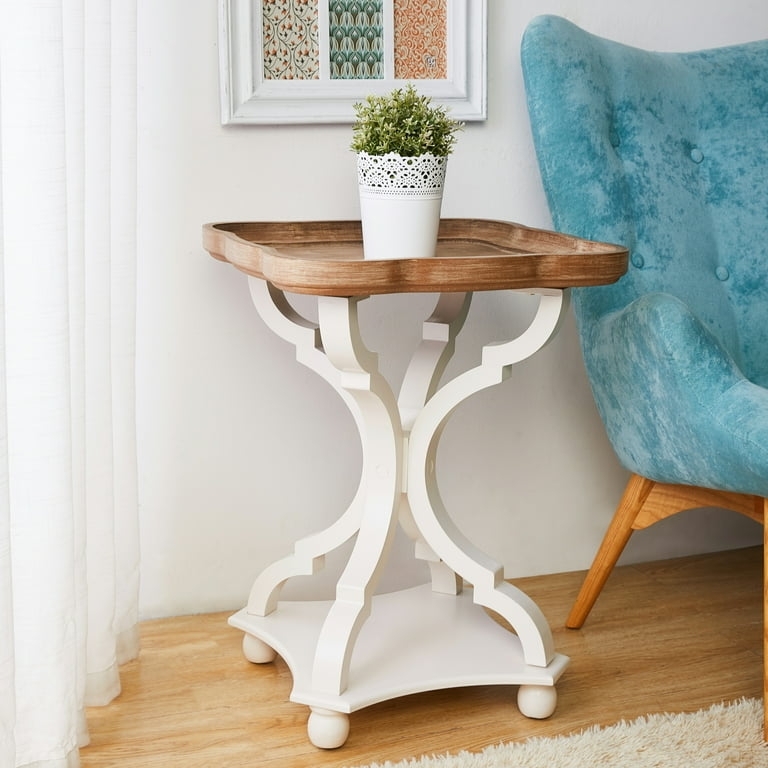 End Table Rustic Farmhouse with Lower Shelf, Round Tray Top Nightstand