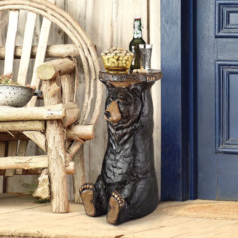 End Table Rustic Standing Bear Motif Sculptural Base Wood Top