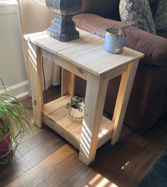 End Table Rustic Unfinished Wood, Chunky Leg Wooden End Table