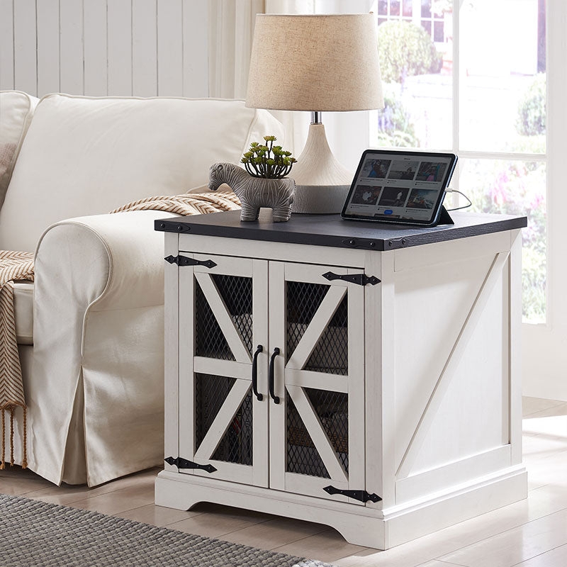 End Table Rustic Whitewashed with Mesh X Brace Door and Charging