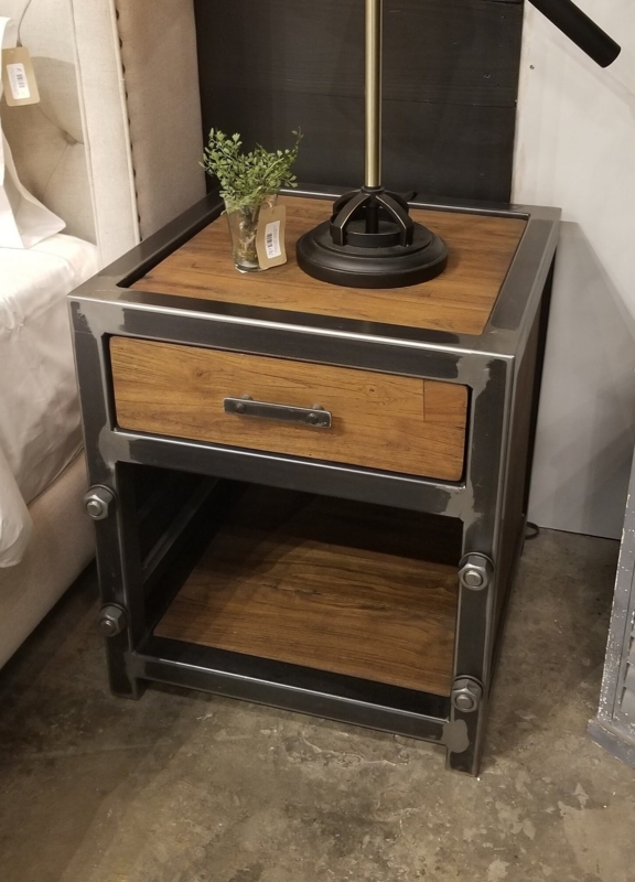 End Table: Rustic Wood Top C-Shaped Frame with Exposed Welds