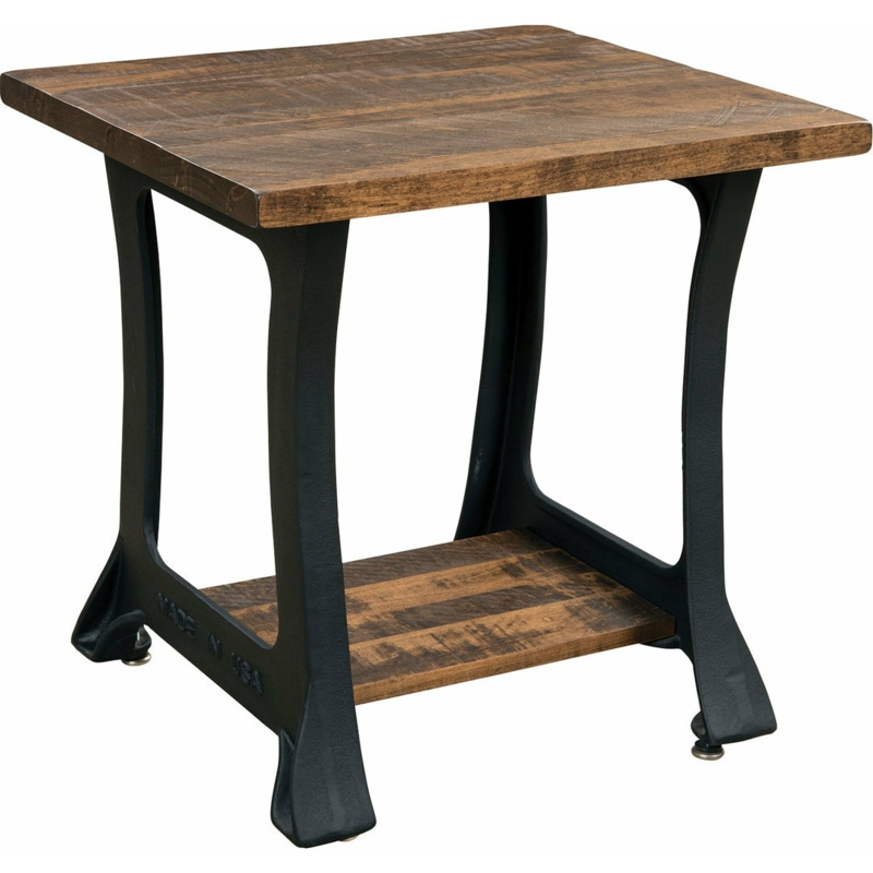 End Table Rustic Wood Top with Cast Iron Tripod Base
