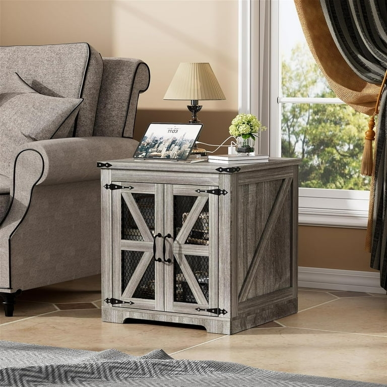 End Table Rustic Wood with Mesh Barn Door and Charging Station