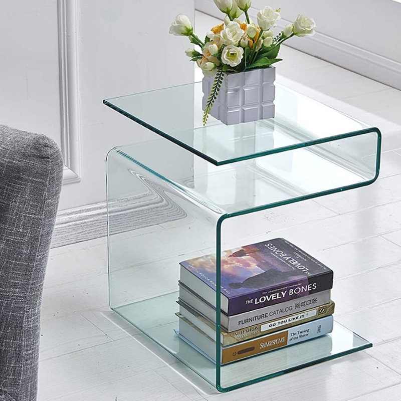 End Table S-Shaped Clear Glass Curved Design Modern Open Shelving
