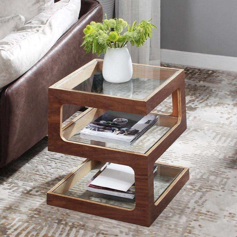 End Table S-Shaped Design Walnut Glass Tiers Compact Storage