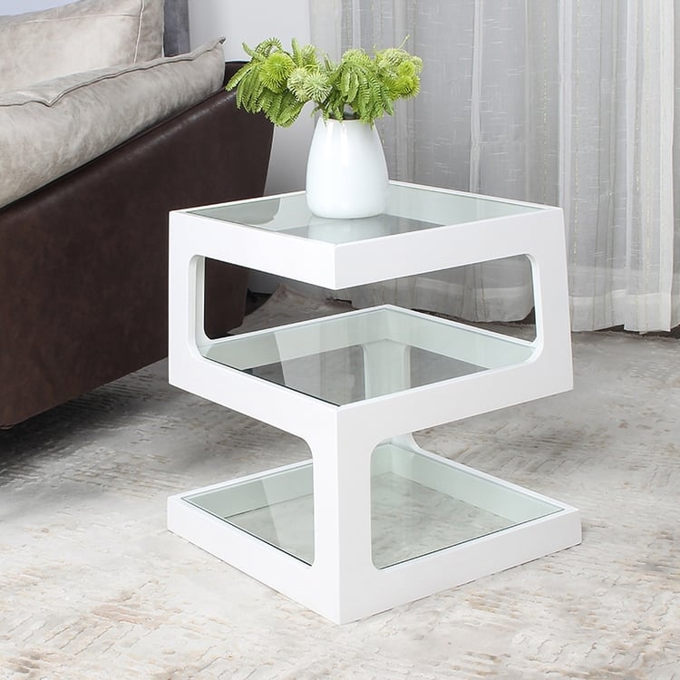 End Table S-Shaped White Gloss, Three Glass Tiers, Modern Sculptural.