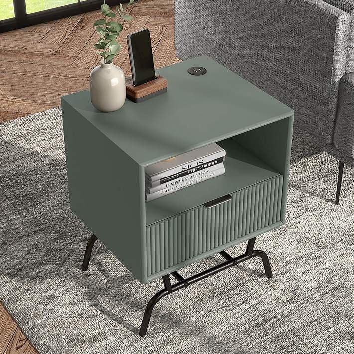End Table Sage Green Built-In USB Ports Charging Station Drawer