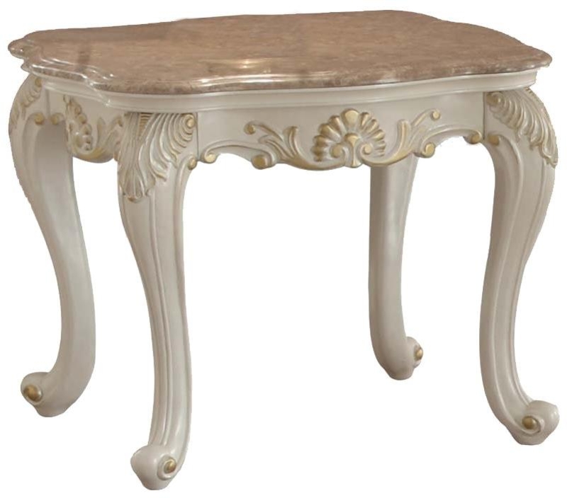 End Table, Scalloped Edge Top, Carved Pearl White Pedestal Base Finish