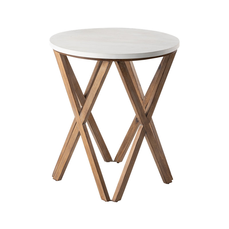 End Table Scandinavian White Top Natural Wood Round X-Stretcher