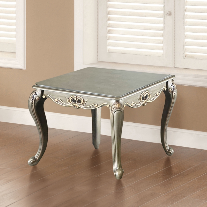 End Table Scrolled Pedestal Base Champagne Finish Stone-Like Top