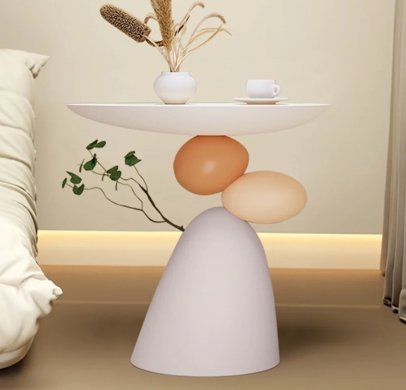 End Table, Sculptural Marble Look Resin, Integrated Tray Top, Grey