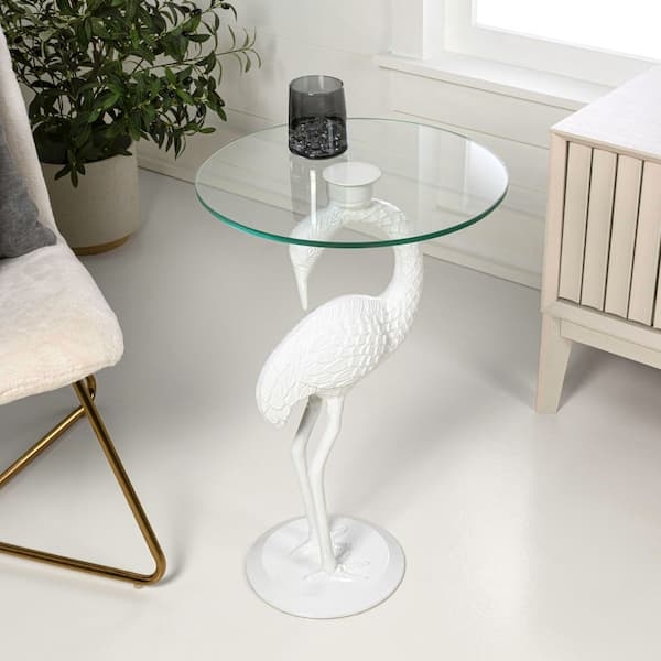 End Table, Sculptural White Flamingo Base, Round Clear Glass Top