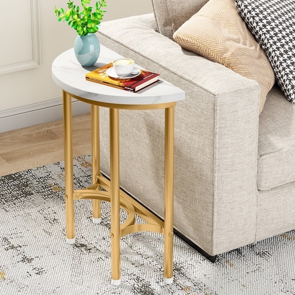 End Table Semi Circle Marble Top Gold Criss Cross Base Glam