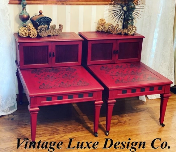 End Table Set, French Vintage Style, Black Painted with Gold Carvings