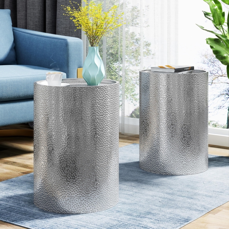 End Table Set Hammered Silver Metal Cylindrical Drum Shape