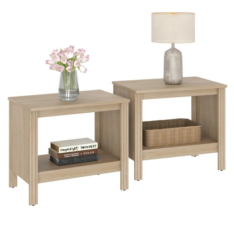 End Table Set Oak Finish Rectangular with Storage Drawer and Shelf