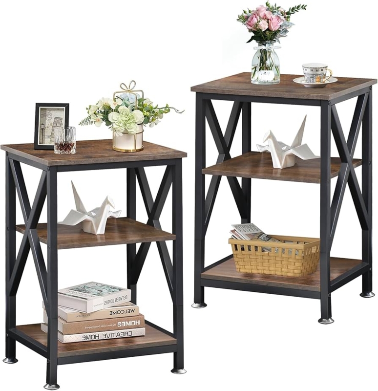 End Table Set of 2 Espresso X-Shaped Sides Open Shelf Farmhouse