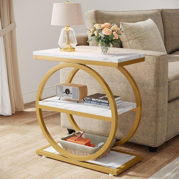 End Table Set of 2 Modern Glam White Top and Polished Gold Frame