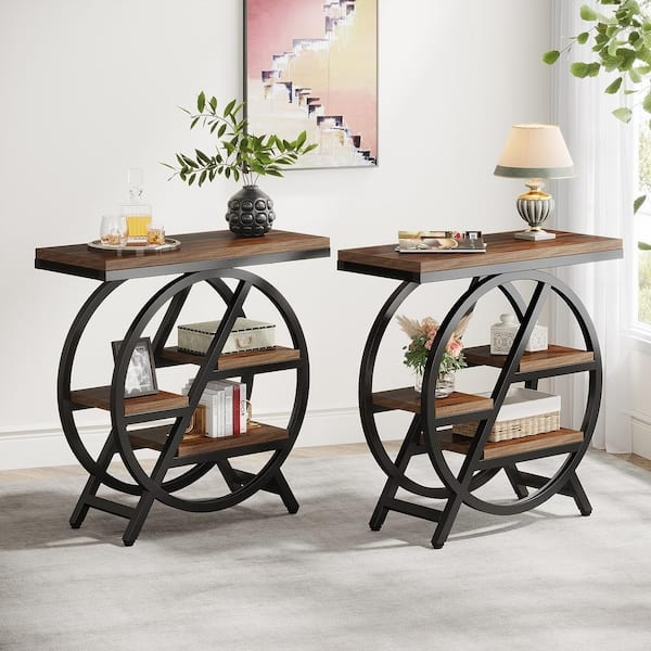End Table Set of 2, Narrow Three-Tier Storage, Rustic Brown