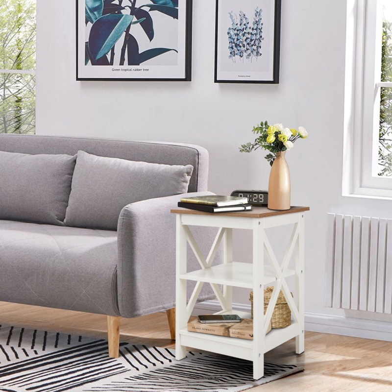 End Table Set of 2 with Ivory Finish, X-Brace Cabinet Doors, and Storage