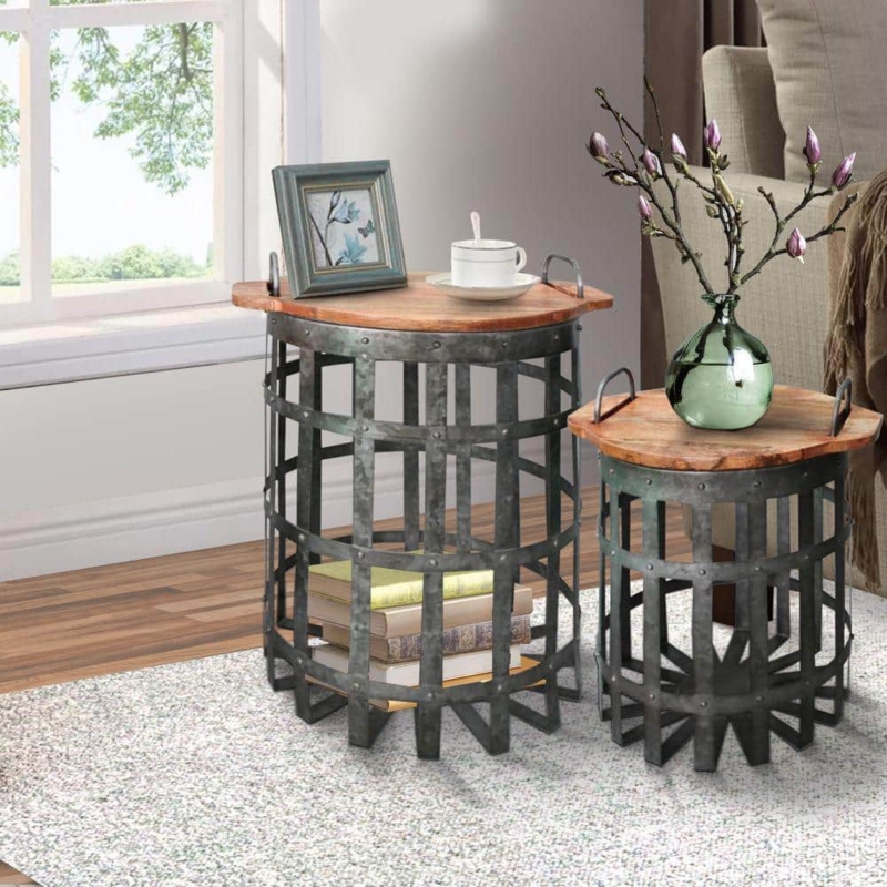 End Table Set of Two Galvanized Grid Body Drum Silhouette Lids