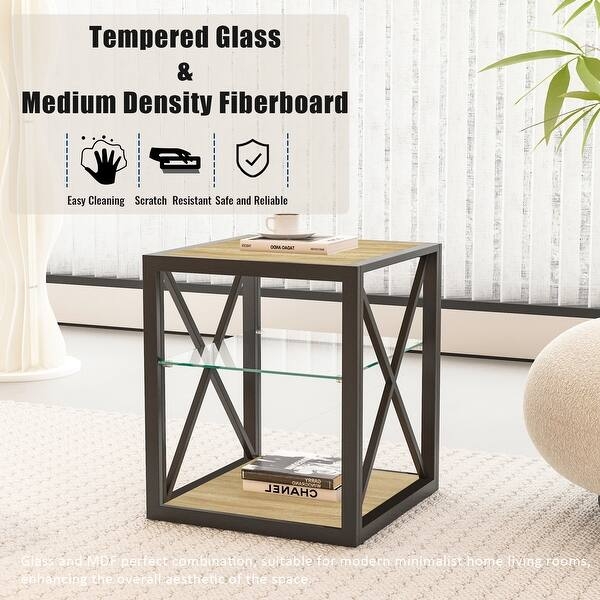 End Table Set of Two Glass Top Rustic Wood Shelf, Industrial