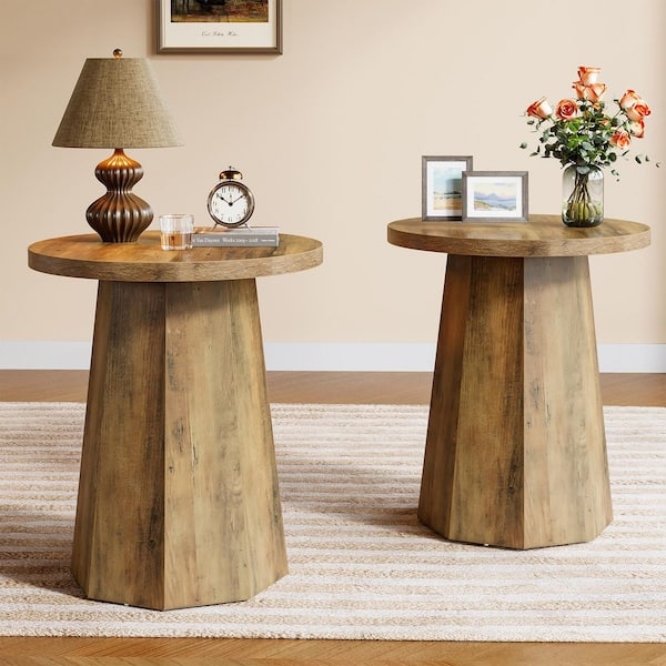 End Table Set of Two Rustic Wood Grain Rustic Brown Drum End Table