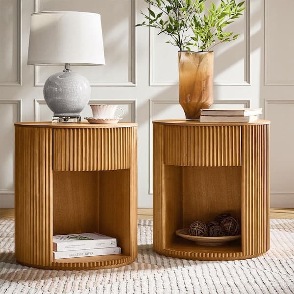 End Table Set Scandinavian Oak Round with Fluted Pedestal Base