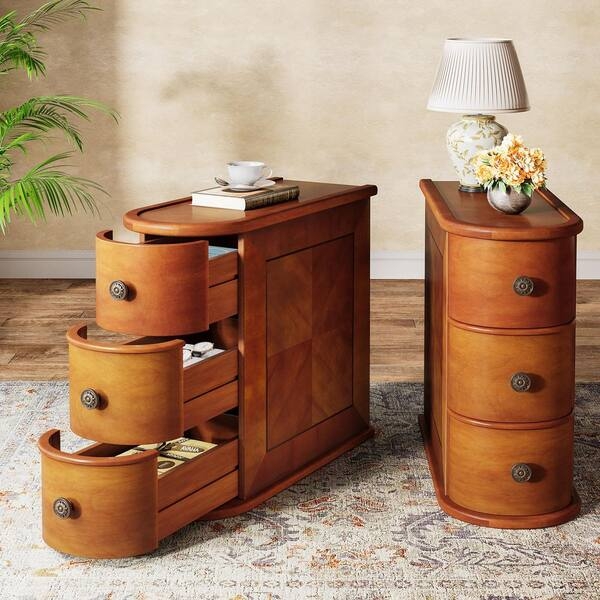 End Table Set, Slim Walnut With Silver Knobs Transitional Style