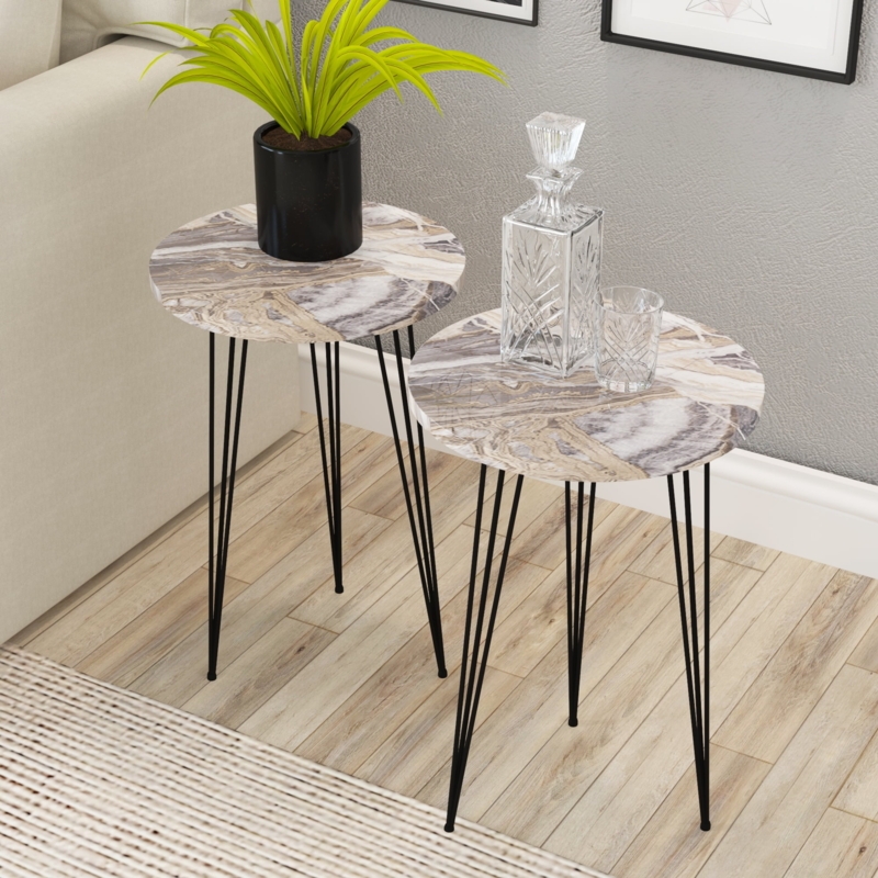 End Table Set Staggered Height Round Marble Look Black Legs