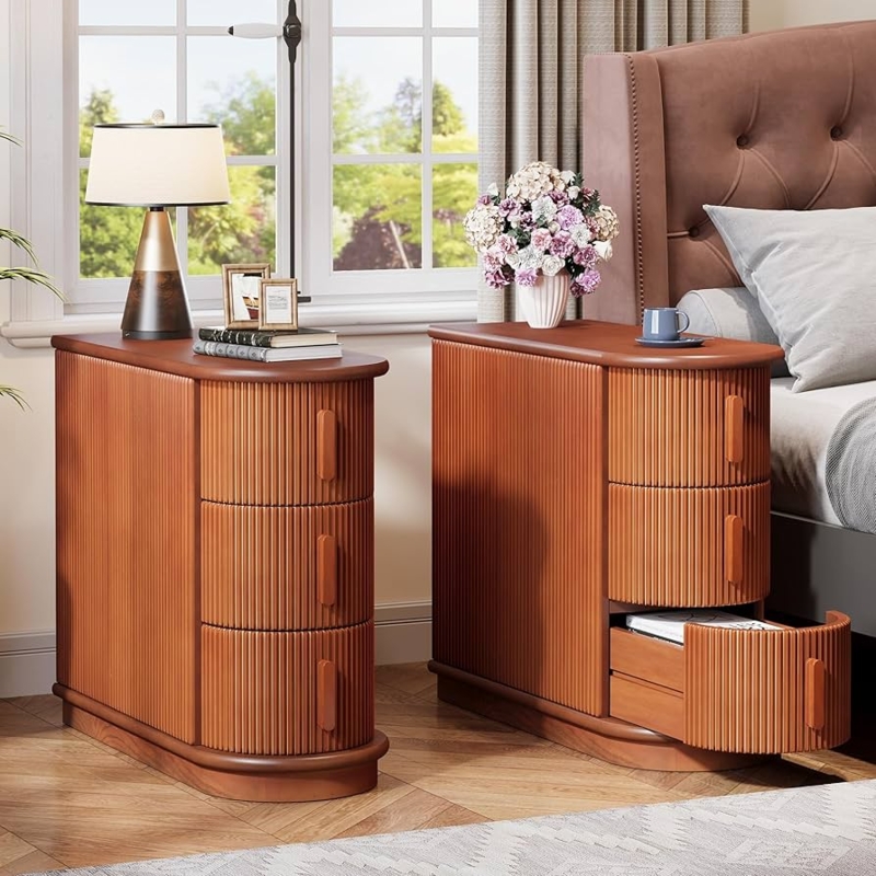 End Table Set, Walnut Narrow Three-Drawer Contemporary Design