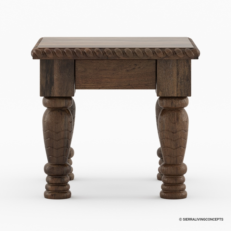 End Table Set with Hand Carved Floral Panels, Rustic Dark Wood Finish