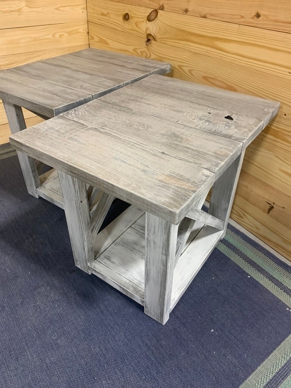 End Table Set X Brace Two Tone Finish Distressed White Base