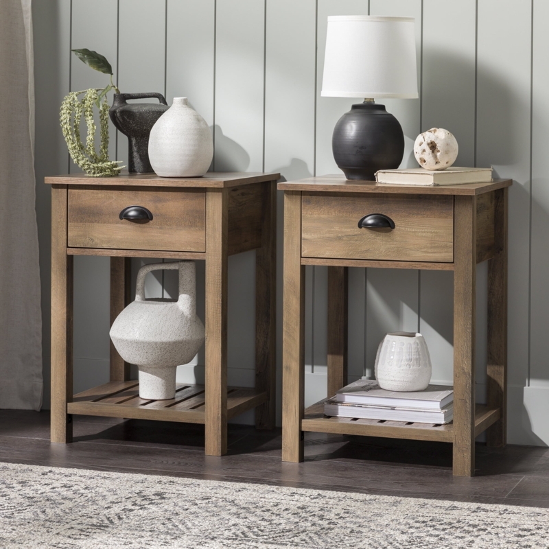End Table Set X-Frame Sides Rustic Oak Finish Metal Accents