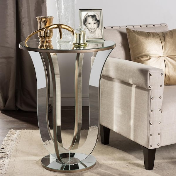 End Table, Silver Metallic Finish, Mirrored Inset Top, Cabriole Legs
