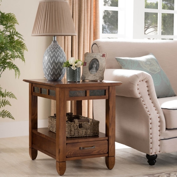 End Table Slatestone Top Distressed Oak, Rustic Home Decor.