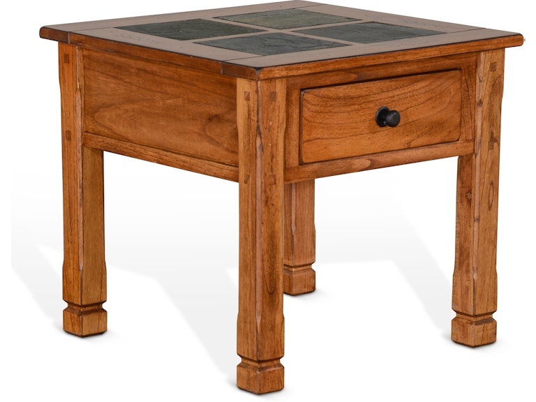 End Table Slatted Lower Shelf Slate Inlay, Mission Style Wood.