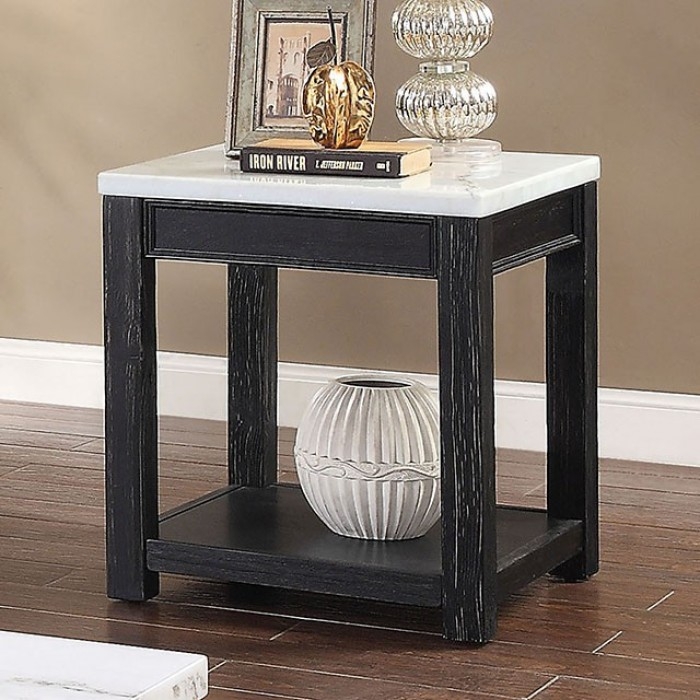 End Table Slatted Shelf Square Top Matte Black Metal Industrial Side Table