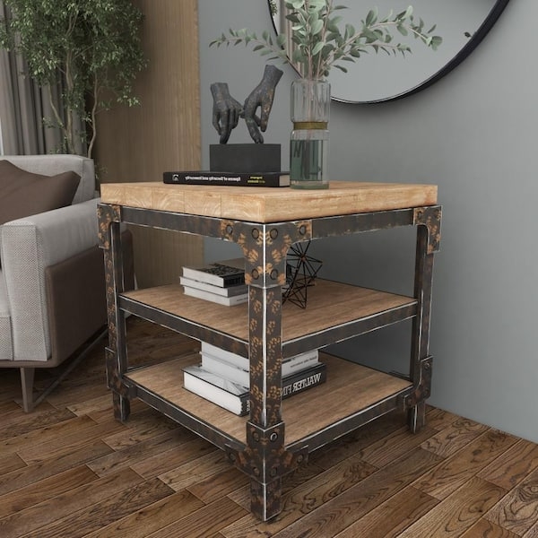 End Table Slatted Side Panels Double Shelves Dark Brown Three Tier