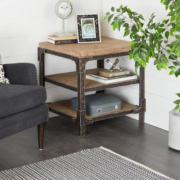 End Table Slatted Sides Mission Style Brown Square Silhouette Shelf