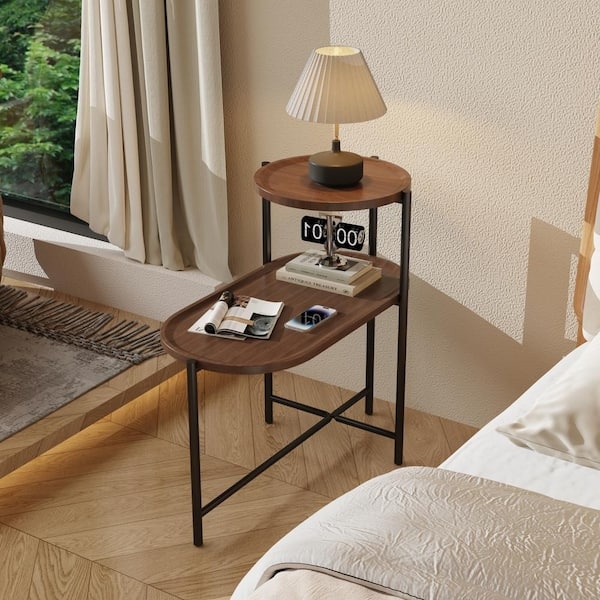 End Table Slim Frame, Modern Minimalist Walnut and Black Two-Tier.