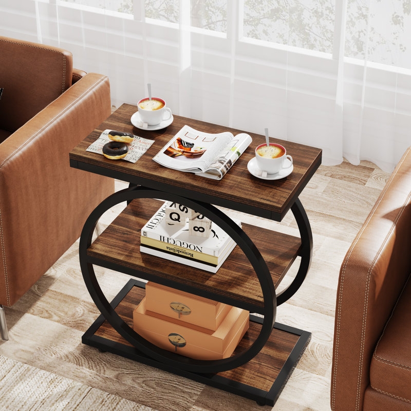 End Table Slim Metal Frame, Two-Tier Light Brown Industrial Minimalist.