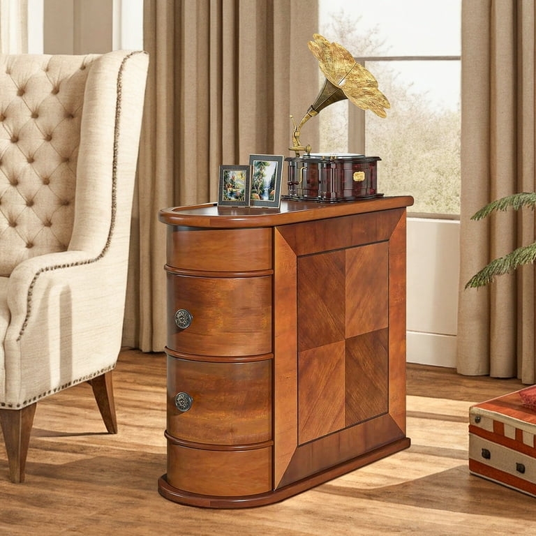 End Table, Slim Profile, Two Drawers, Tapered Legs, Round Knobs, Brown