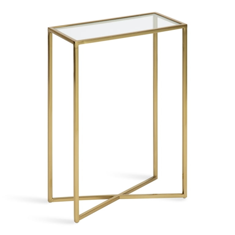 End Table, Slim Rectangular Profile, Gold Metal and Glass Two-Tier