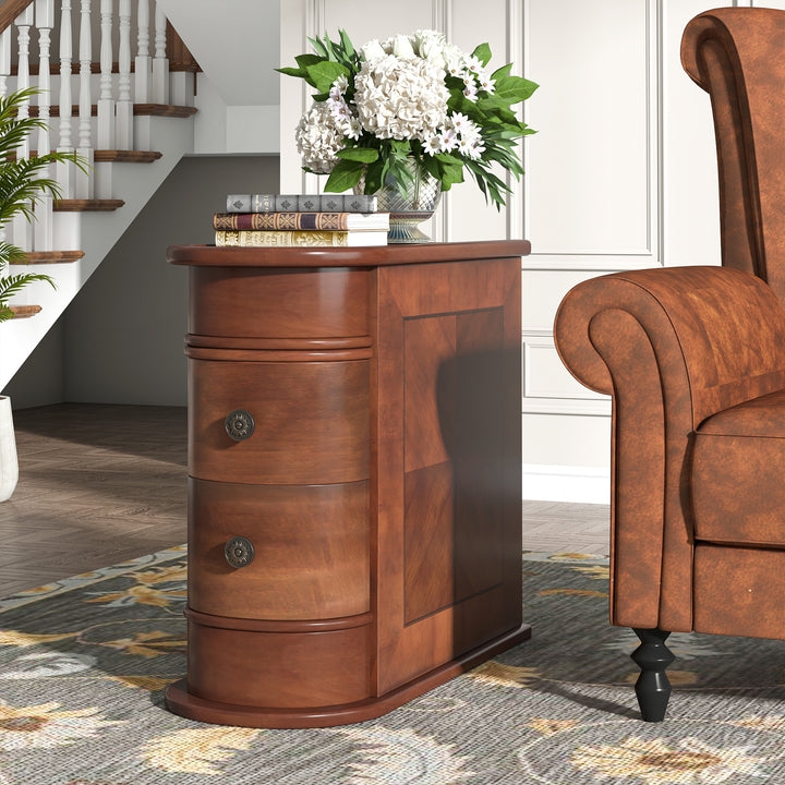 End Table Slim Wood And Metal Side Table Industrial Two Drawers Warm Brown